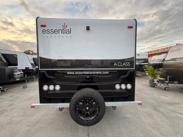  the A-Class is a sleek looking unit. Standard Lithium and solar means the A-Class is your gateway to limitless exploration.<br><strong></strong><br><strong>WEIGHTS</strong><br>Tare:&nbsp;2096 Kg<br>GTM: 2574 Kg<br>ATM: 2746 Kg<br>Ball: 172 Kg<br><br><strong>CHASSIS</strong><br>- 6” Heavy Duty A-frame<br>- A-Frame Tap & Gas Regulator<br>- Straight Axles to Single & Tandem axle<br>- 10” Electric Brakes to Tandem Axle<br>- 12” Electric Brakes to Single Axle<br>- 4” Heavy Duty Chassis<br>- 2” Chassis Raiser <br>- 50mm Ball Coupling<br>- Lockable Coupling with Twin Safety Chains<br>- Wind Up Jack<br>- 8” Jockey Wheel<br>- Spare Wheel<br>- Drop Down Stabilizer Stands<br>- Batteries Mounted on Chassis<br>- Water Tank Stoneguards<br>- Load Share Leaf Spring Suspension<br>- Break Away System<br>- Heavy Duty 2 Arm Bumper<br>- Plastic moulded Wheel Spats<br><br><strong></strong><strong>ELECTRICAL</strong><br>- Mini Grill with 3 Burner Gas & 1 240V Element<br>- Pot Drawer<br>- Microwave in OHC<br>- 2-way switch from bedroom to Ensuite lights<br>- Projecta PM235C 30A Battery Management System <br>- 4” LED Monitoring Screen<br>- 1 x 300AH Lithium Battery Chassis Mounted<br>- 2 x 220W Solar Panels<br>- Bug Annexe Light<br>- External TV Bracket<br>- 12V/USB Socket & TV Point at Outside Table<br>- 240V 15AMP Inlet & 240V 10AMP Outlet<br>- Double 240V Point & USB Point to each Wardrobe & Lounge<br>- Roof Digital TV Antenna<br>- Bulk Heads With Strip Lights<br>- Reversing Camera & Car Monitor Kit<br>- Circuit Breaker & Earth Leakage<br>- Door Light & Entry Handle<br>- LED External Lights<br>- LED Lighting - Roof